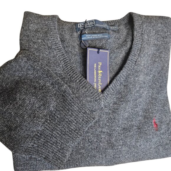 NWT Polo Ralph Lauren Mens 100% Lambswool V Neck Sweater SZ XXL Gray Pony Preppy - Picture 2 of 13